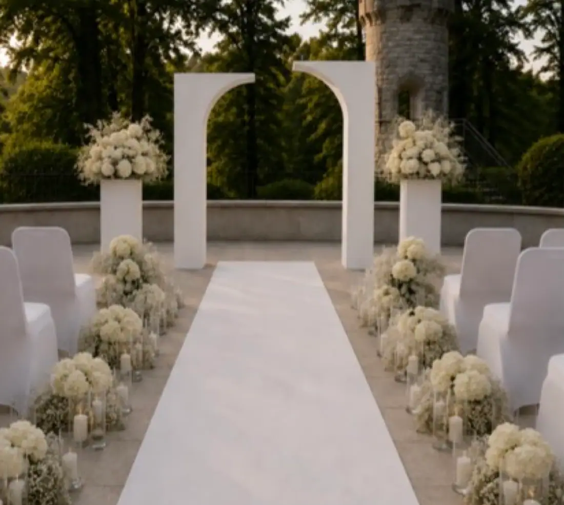 Wizualizacja ceremonii plenerowej z białymi łukami
